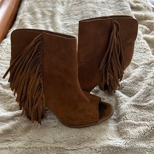 Brown Suede Peep Toe Block Heel with Fringe Accent